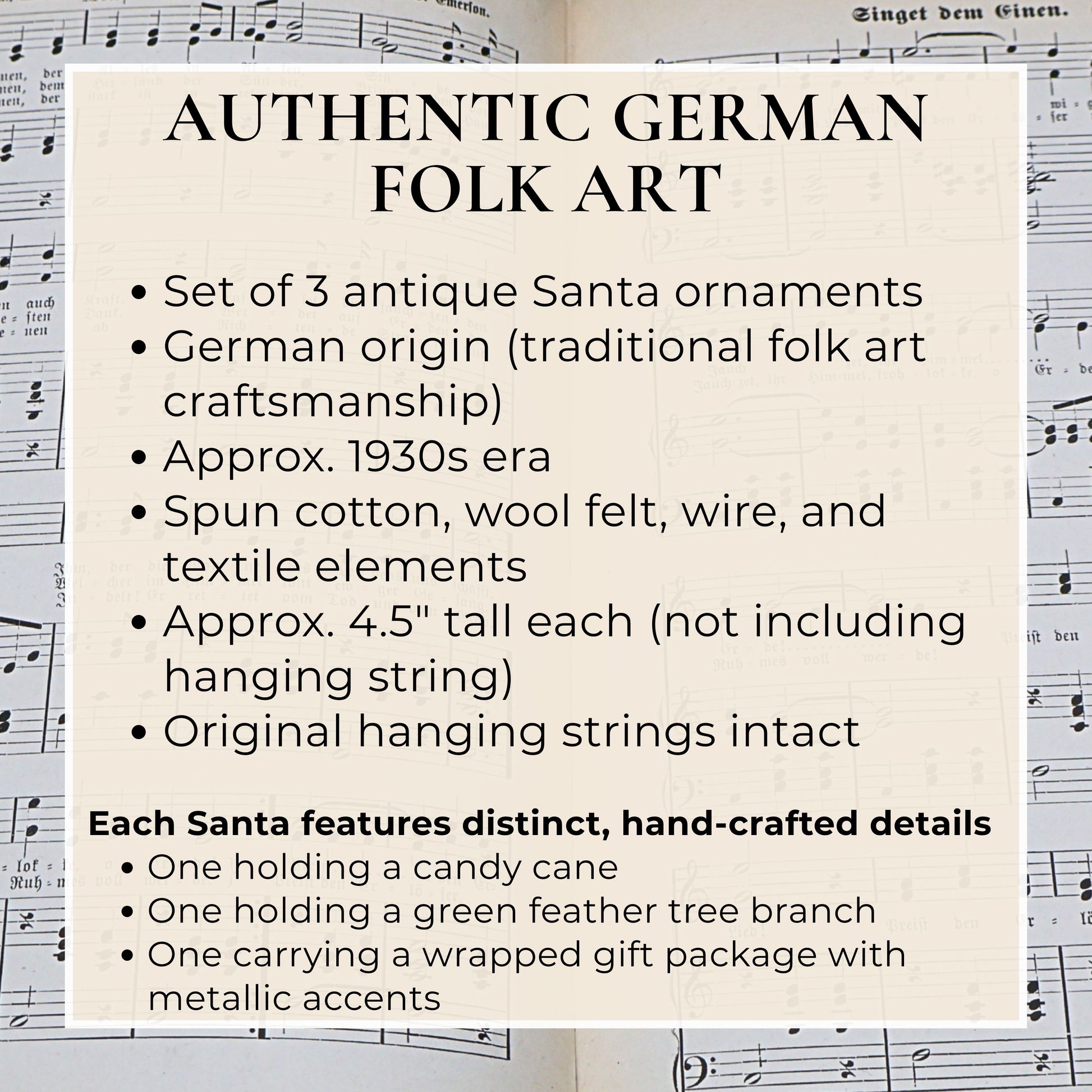 Authentic German folk art Santa ornaments set details highlighting vintage craftsmanship and collectible features