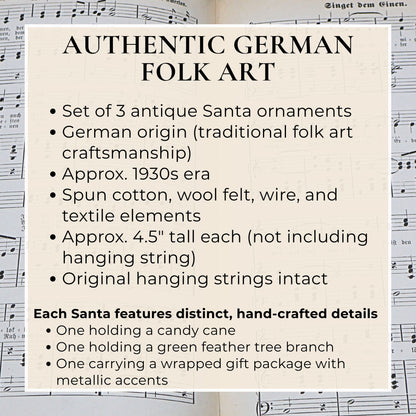 Authentic German folk art Santa ornaments set details highlighting vintage craftsmanship and collectible features