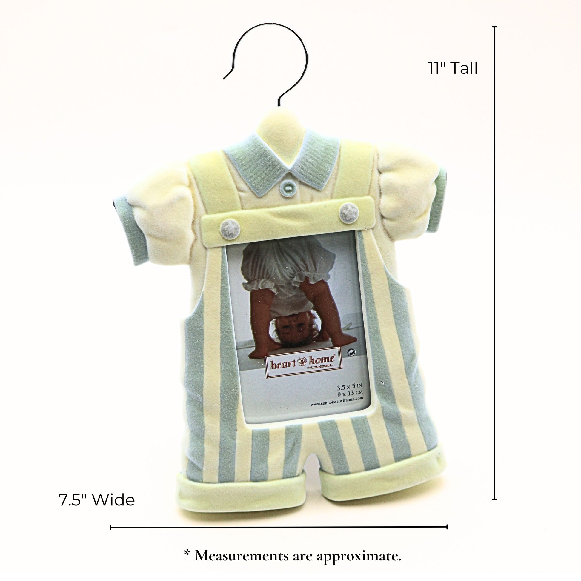 Measurement graphic for vintage baby boy picture frame showing approximate 11 inch height and 7.5 inch width with pastel romper nursery decor styling