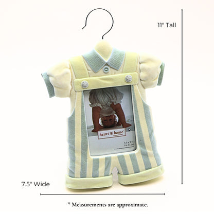 Measurement graphic for vintage baby boy picture frame showing approximate 11 inch height and 7.5 inch width with pastel romper nursery decor styling