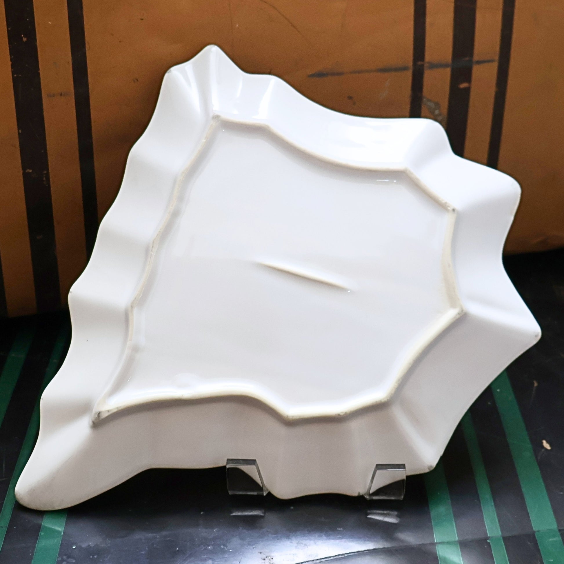 Backside of vintage Spain map ceramic serving tray showing sculptural country shaped form and glossy white finish, Mediterranean tapas platter underside, collectible European souvenir ceramic dish for display or entertaining