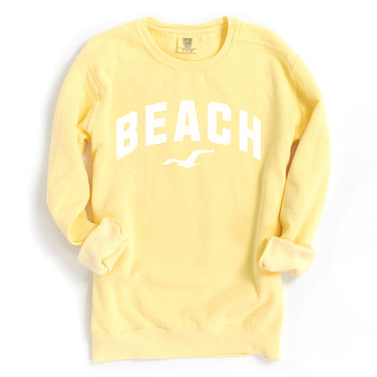 Butter yellow beach crewneck sweatshirt flat lay, oversized fleece pullover with beach graphic, soft cozy cotton blend coastal style sweatshirt for women