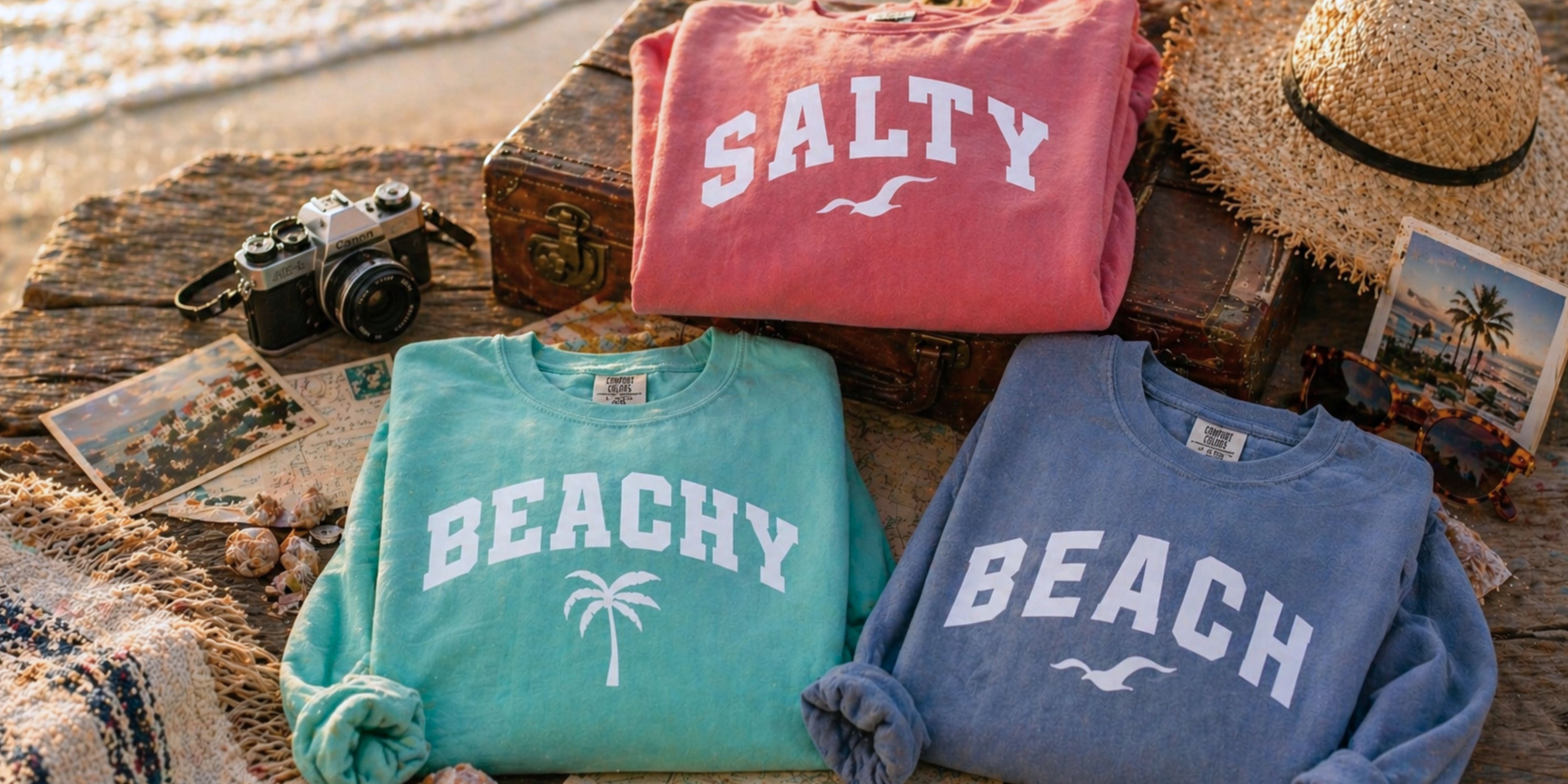 Beach sweatshirts with Salty, Beachy, and Beach graphics styled with seashells, vintage suitcase, camera, and coastal travel accessories on sandy beach setting