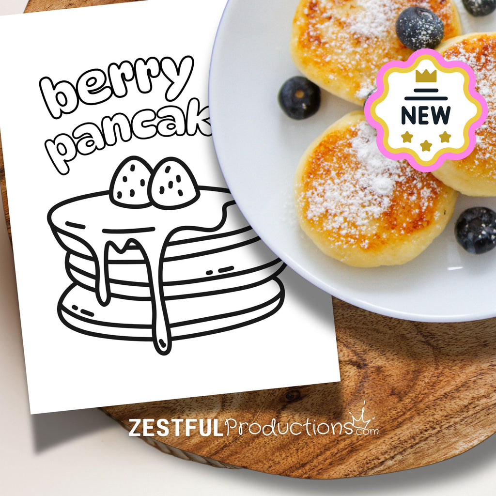 berry pancake coloring page from kids activity book next to real mini pancakes with blueberries on plate for cooking and learning fun