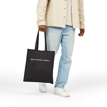 Bold Playful Extra canvas tote bag worn casually for errands and everyday use