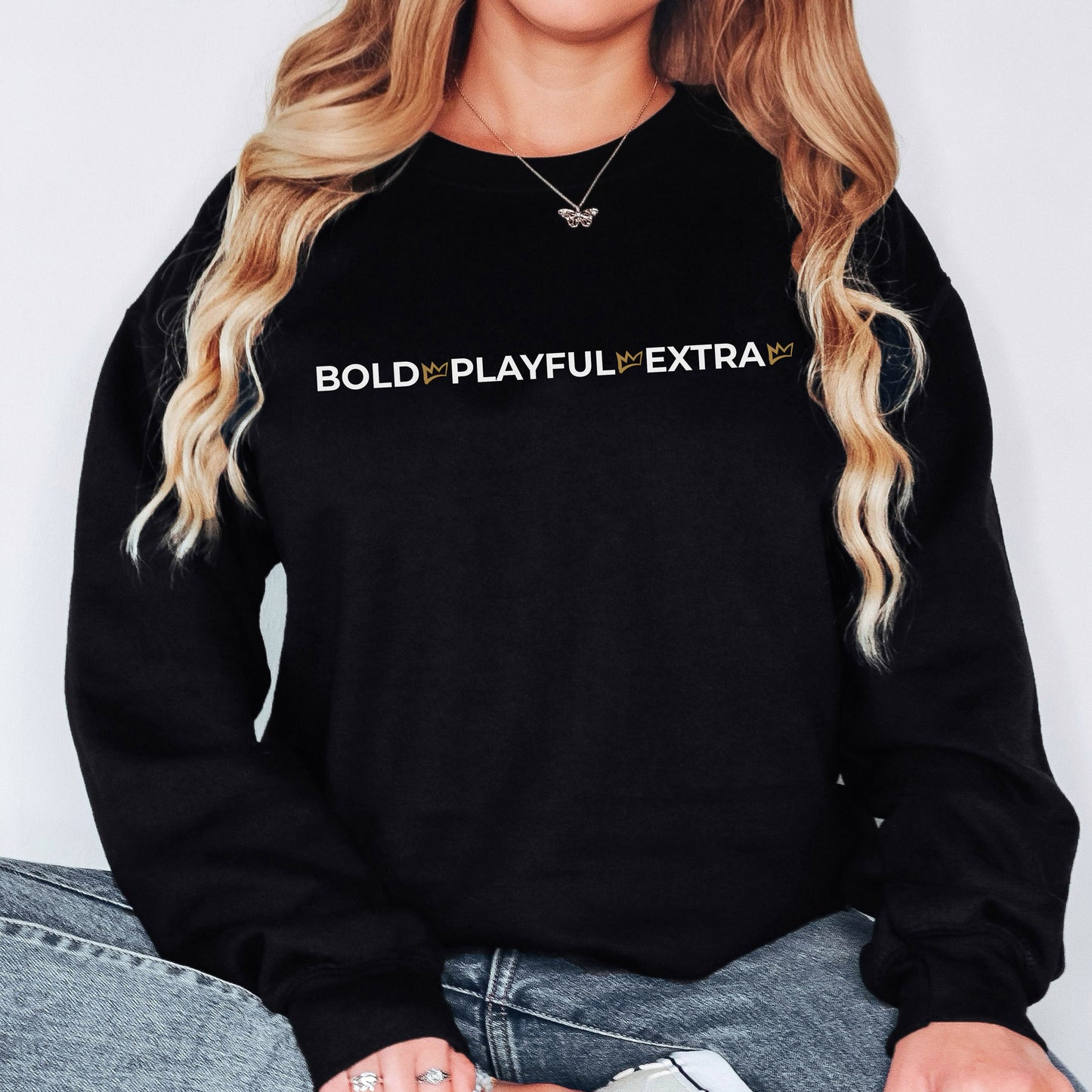 Bold Playful Extra statement crewneck sweatshirt worn by model in black