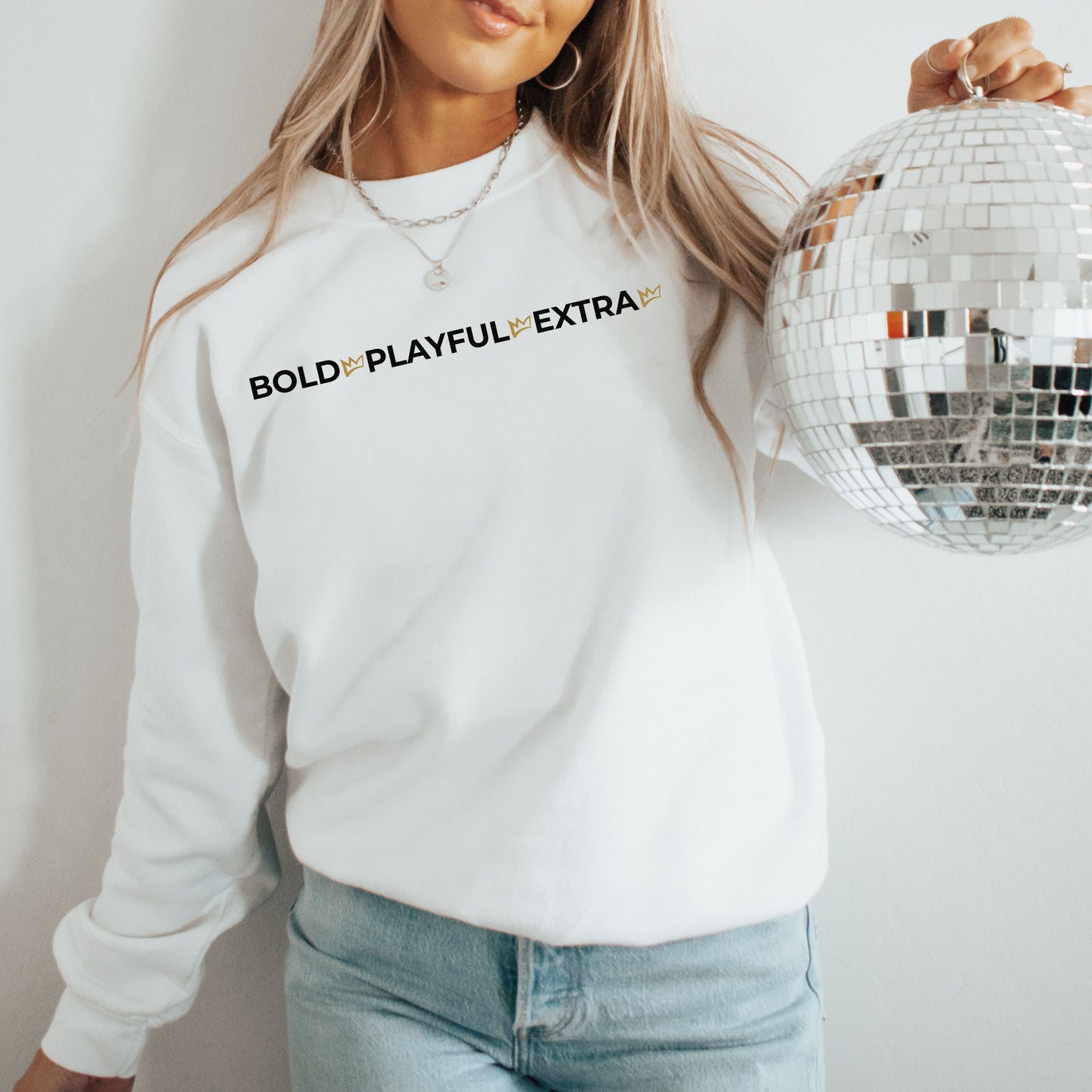 Bold Playful Extra statement crewneck sweatshirt styled casually for everyday wear