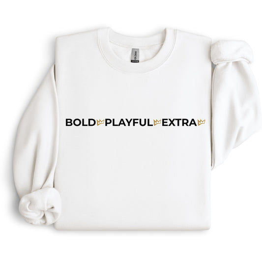 White Bold Playful Extra statement crewneck sweatshirt front view