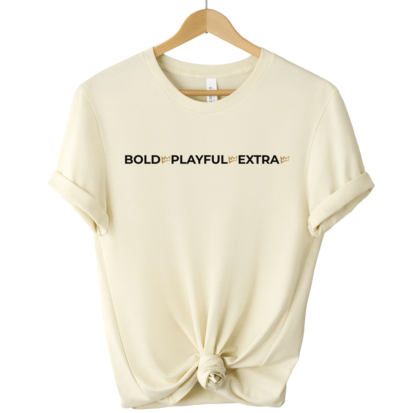 Bold Playful Extra graphic tee in neutral cream tone, modern women’s statement shirt