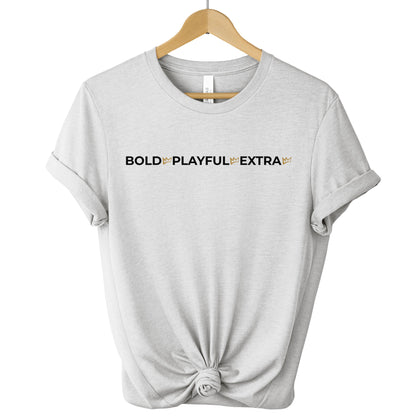 Bold Playful Extra women’s graphic t-shirt in gray, clean modern statement design
