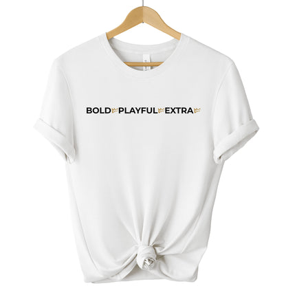 Bold Playful Extra statement tee in white with minimalist typography and crown accents