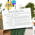 Editable botanical recipe card template displayed with a completed oatmeal raisin cookie recipe in an airy kitchen setting. The image identifies the product as an instant digital download and shows that the 4 x 6 inch card can be personalized using Canva.