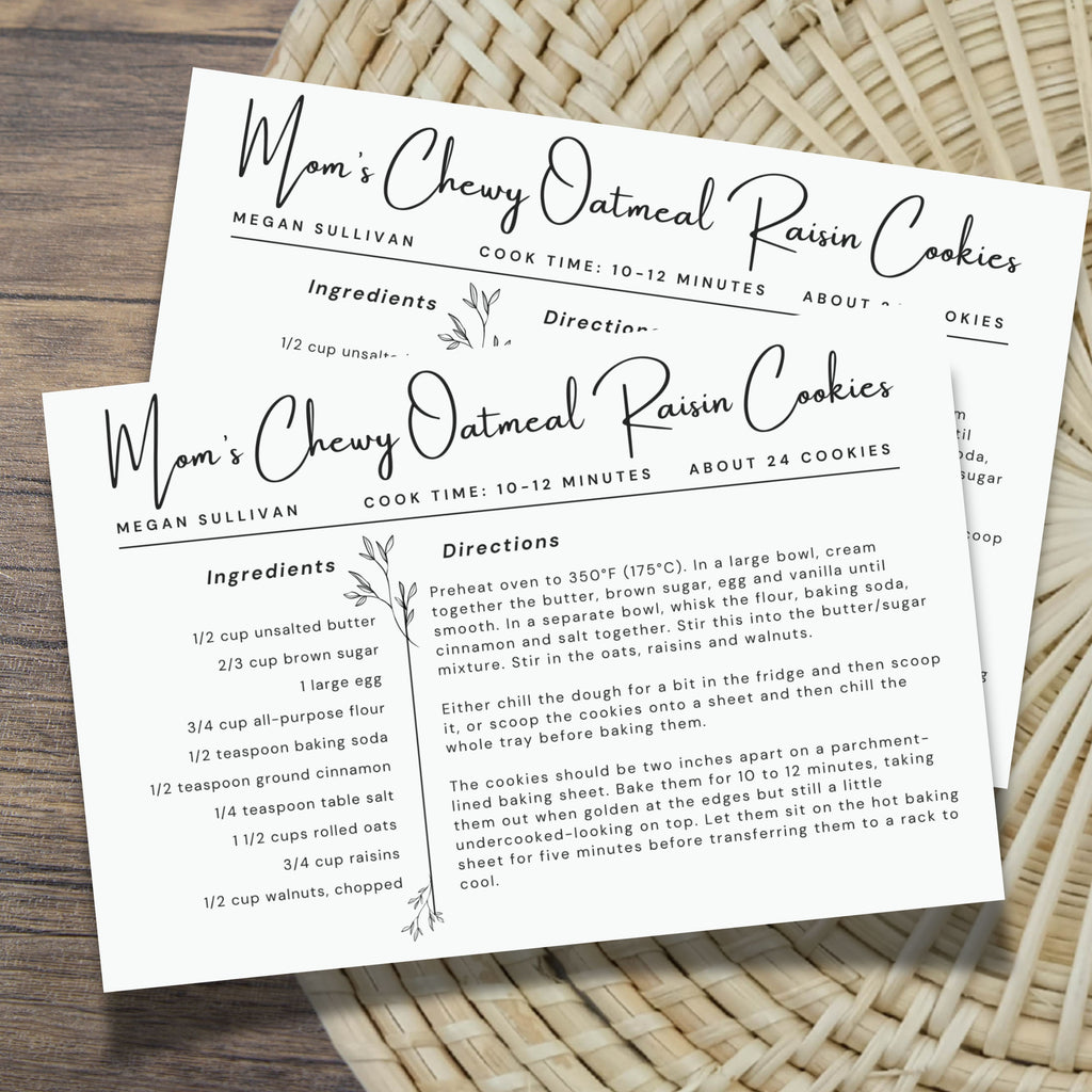 Completed oatmeal raisin cookie recipe displayed on a horizontal 4 x 6 inch botanical recipe card. The clean black-and-white layout uses elegant script lettering and organized columns for ingredients, directions and recipe details.