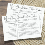 Completed oatmeal raisin cookie recipe displayed on a horizontal 4 x 6 inch botanical recipe card. The clean black-and-white layout uses elegant script lettering and organized columns for ingredients, directions and recipe details.