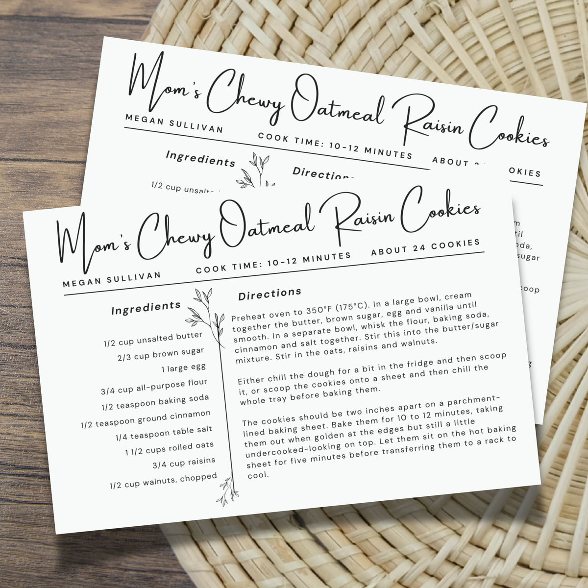 Completed oatmeal raisin cookie recipe displayed on a horizontal 4 x 6 inch botanical recipe card. The clean black-and-white layout uses elegant script lettering and organized columns for ingredients, directions and recipe details.