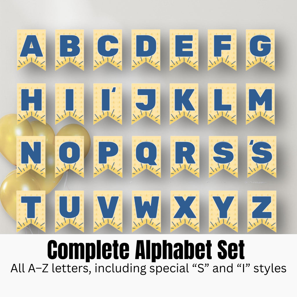 Butter printable banner alphabet letters A to Z in yellow and blue design. Printable party kit for creating custom messages.