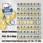 Butter printable banner alphabet kit showing full set of letters, numbers, and symbols. DIY party decoration for custom messages and events.