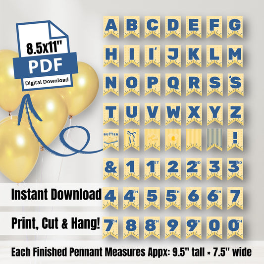 Butter printable banner alphabet kit showing full set of letters, numbers, and symbols. DIY party decoration for custom messages and events.