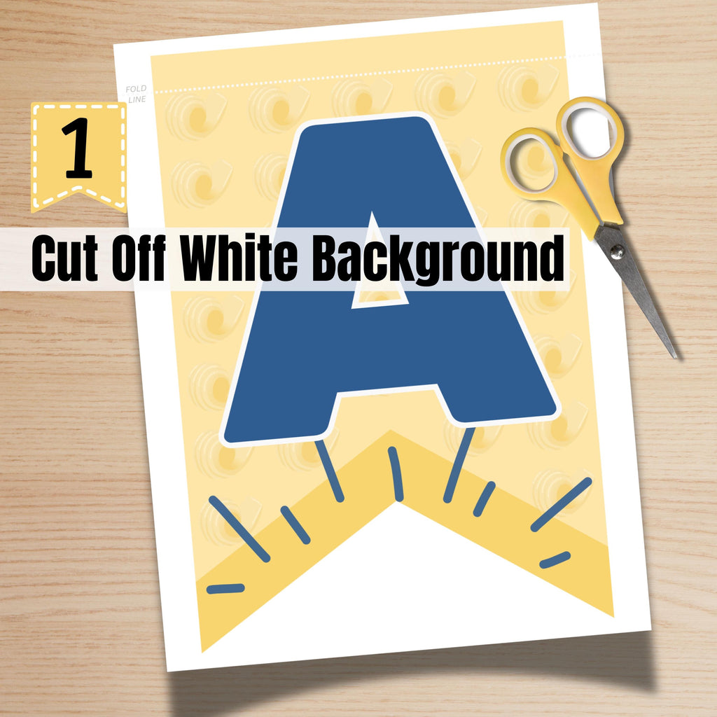 Step by step guide showing how to cut out butter printable banner pieces. Easy DIY party decoration instructions.