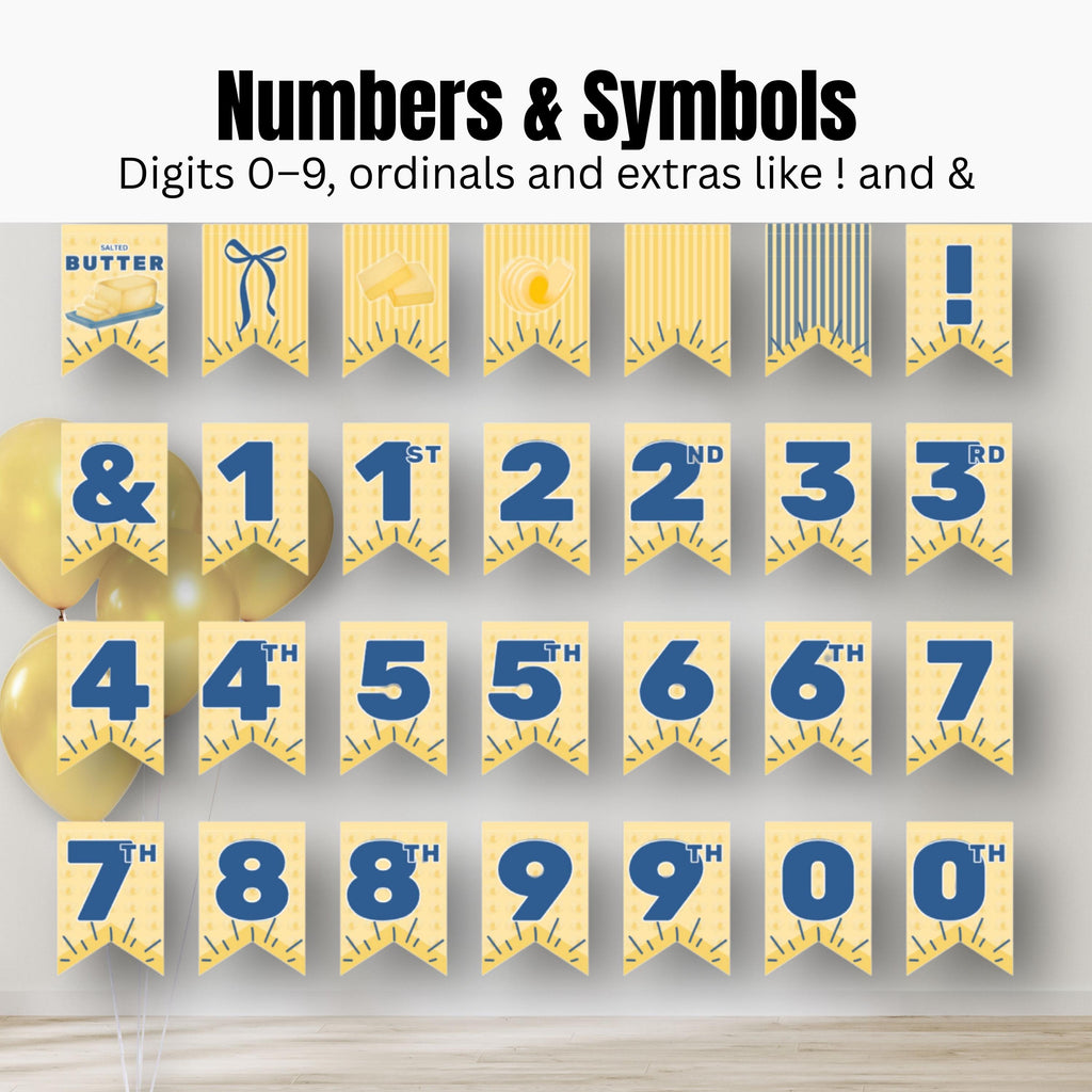 Butter printable banner numbers and symbols set including 0 to 9 and punctuation. Complete DIY banner kit for birthdays and celebrations.