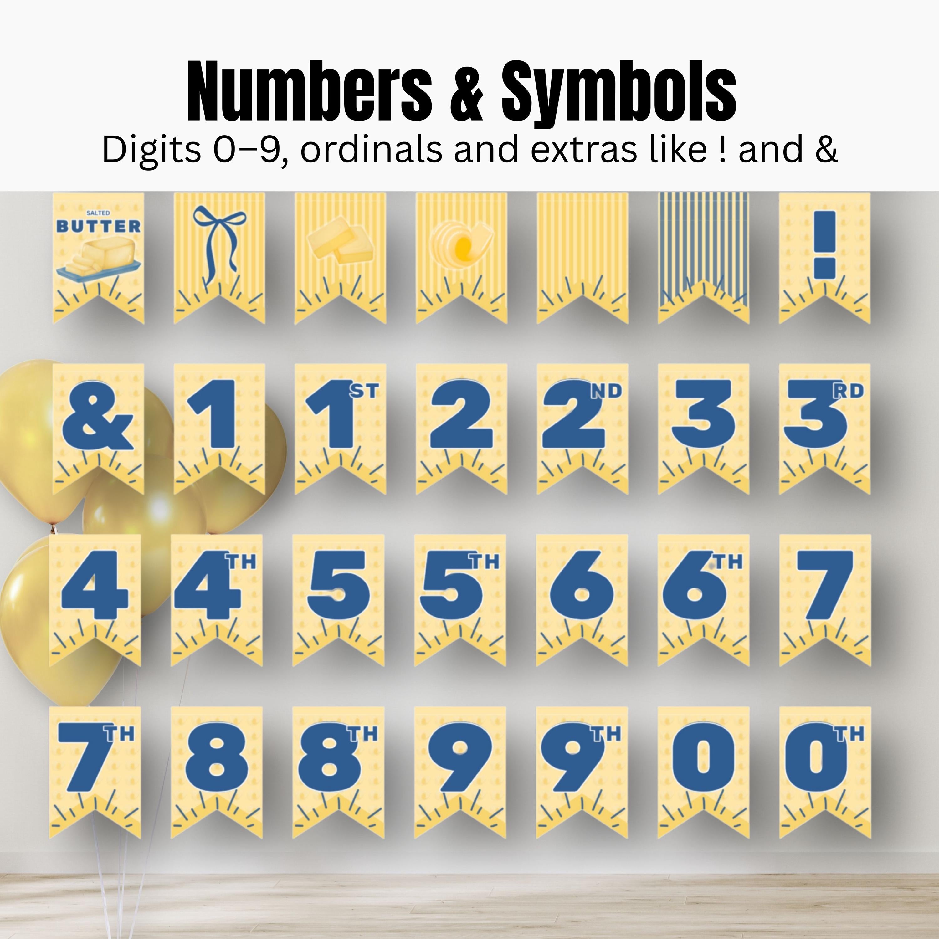 Butter printable banner numbers and symbols set including 0 to 9 and punctuation. Complete DIY banner kit for birthdays and celebrations.