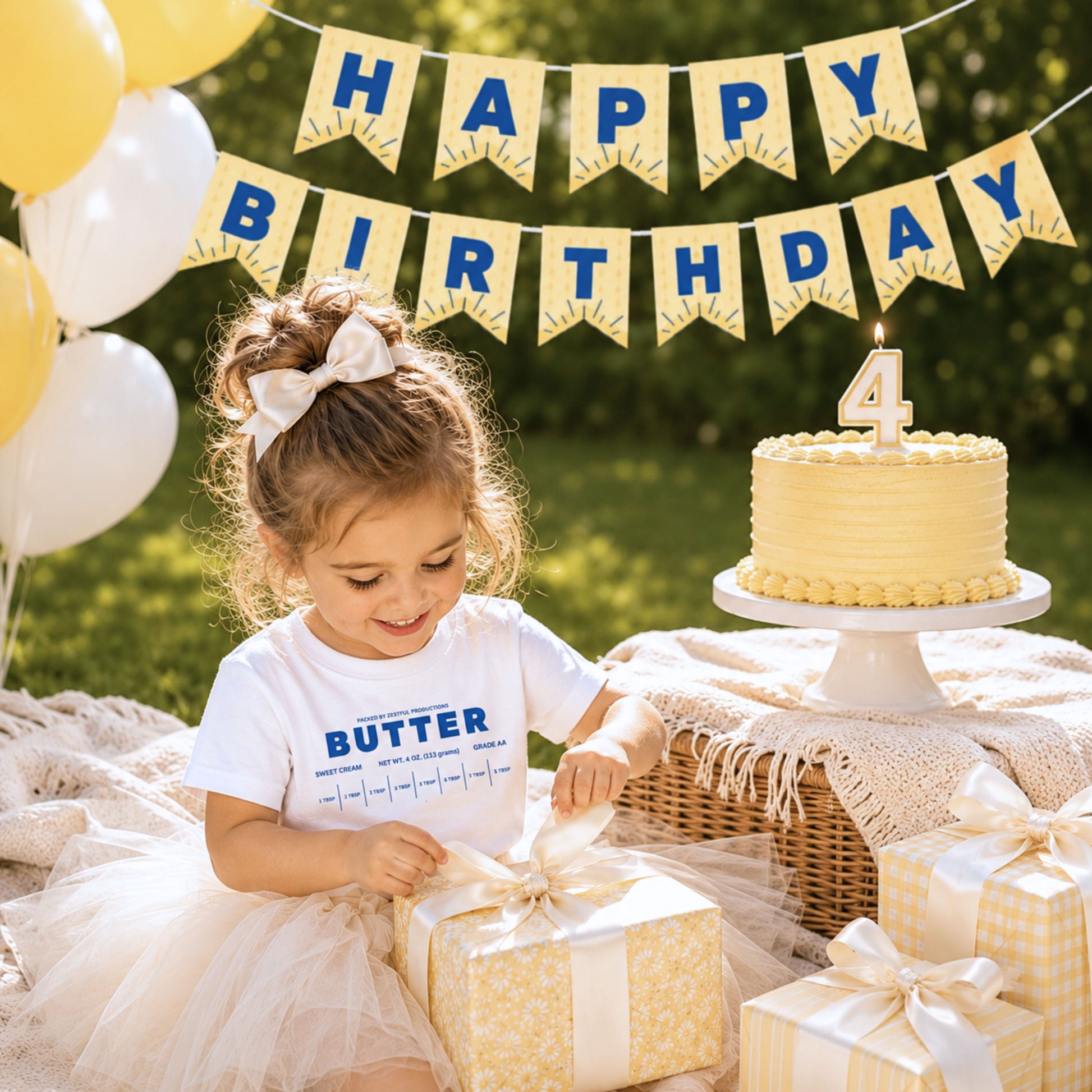 Toddler birthday girl wearing retro butter toddler tee at luxury outdoor birthday picnic with matching butter pennant banner and cake. Boutique foodie kids outfit styled for birthday parties, cake smash photos, and playful celebrations.