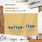Butter tea towel customer review graphic with rating and lifestyle image. Highlights real use and positive feedback for kitchen accessory.