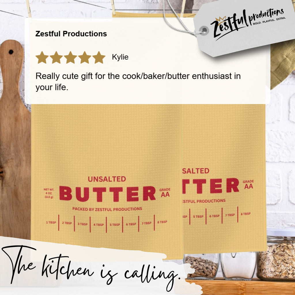 Unsalted butter tea towel customer review graphic with rating and lifestyle image. Highlights real use and positive feedback.