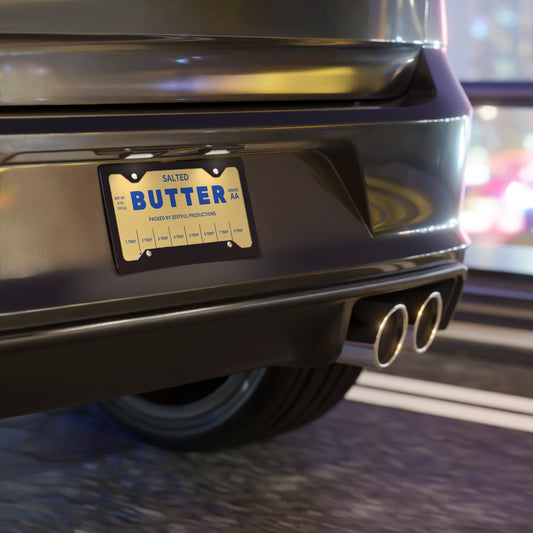 Butter license plate attached to car as a novelty tag. Lightweight metal plate with butter design perfect for vehicles and playful automotive decor.