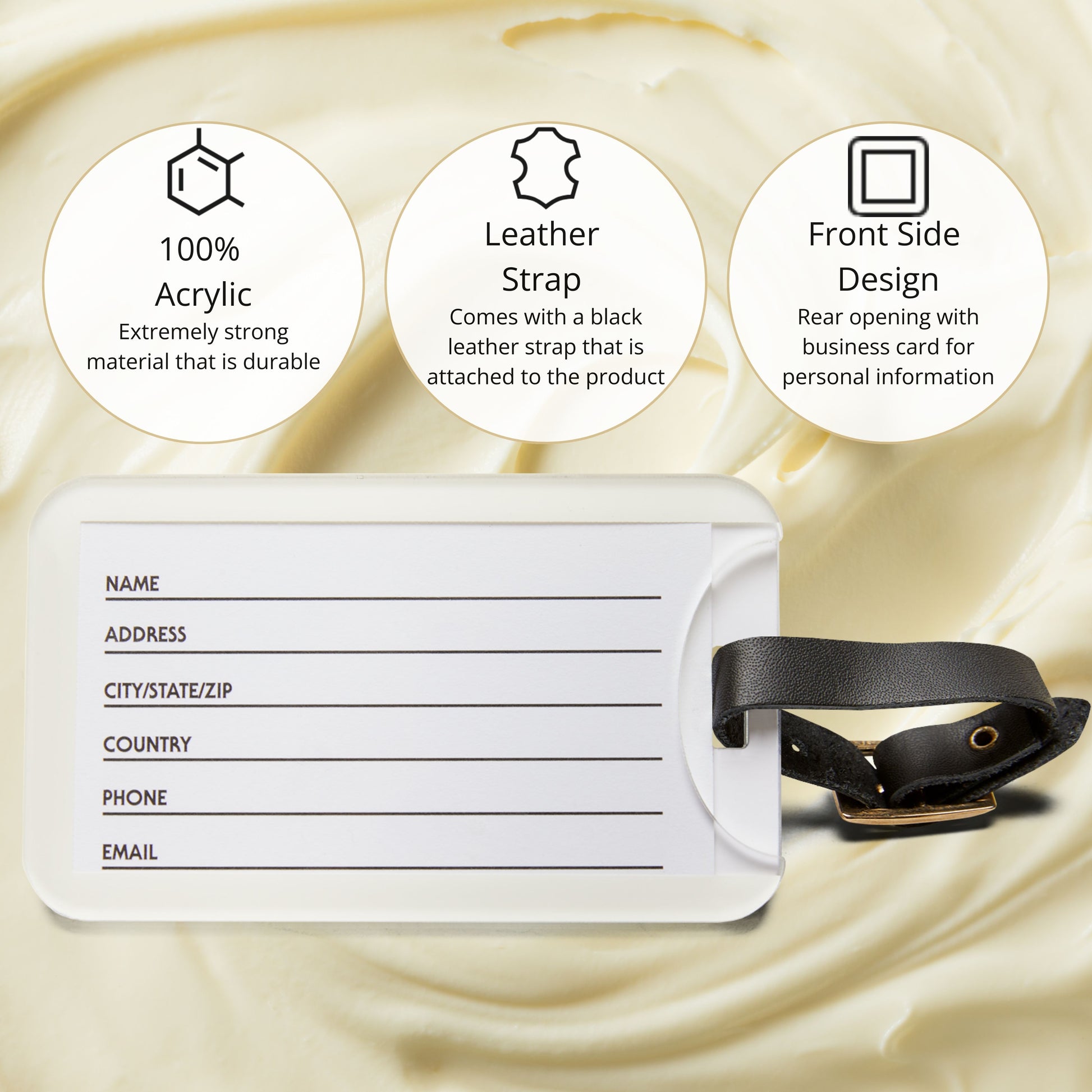 Back side of butter luggage tag with contact information card and clear window. Functional travel accessory for identifying luggage and keeping details secure.