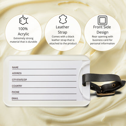 Back side of butter luggage tag with contact information card and clear window. Functional travel accessory for identifying luggage and keeping details secure.