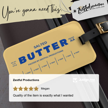 Butter luggage tag review graphic featuring customer rating and product image. Shows satisfaction and real travel use.