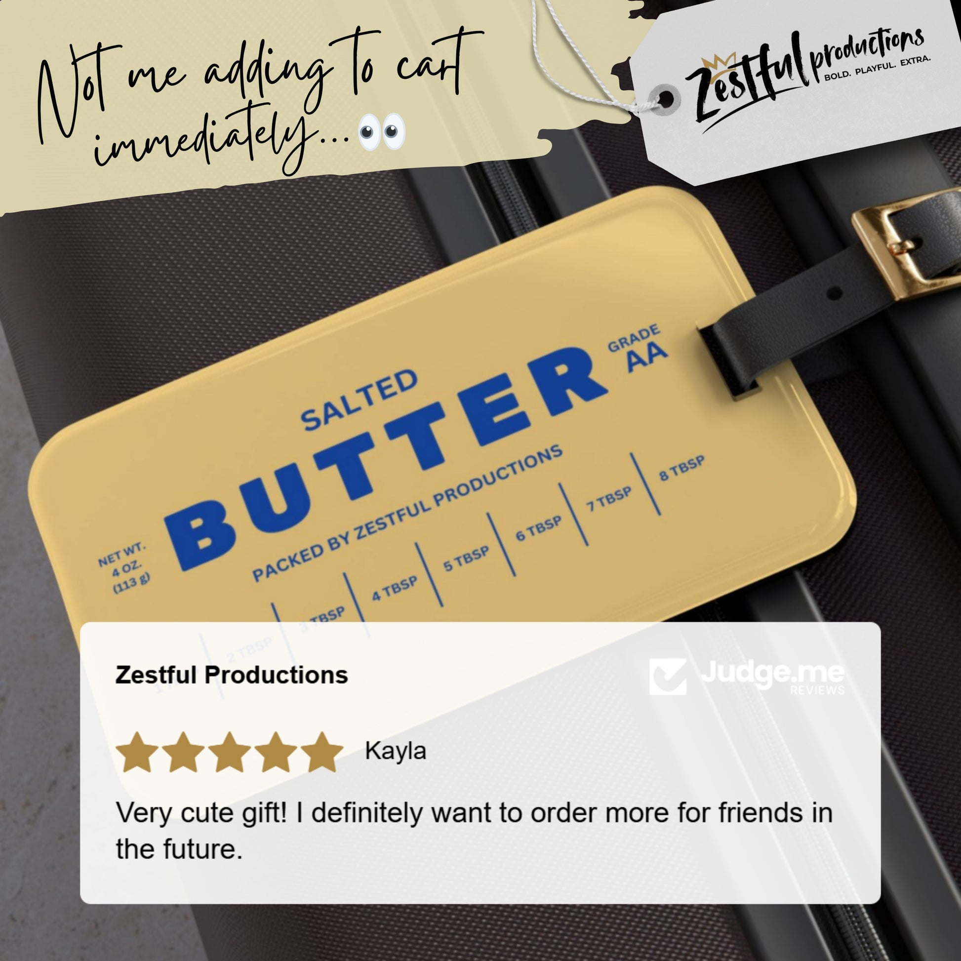 Butter luggage tag review graphic with star rating and lifestyle image. Reinforces product quality and gift appeal.