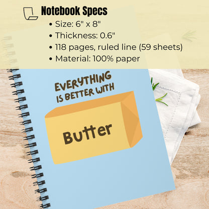 Butter notebook shown at an angle highlighting cover design and spiral binding. Durable journal for notes, lists, and daily use.