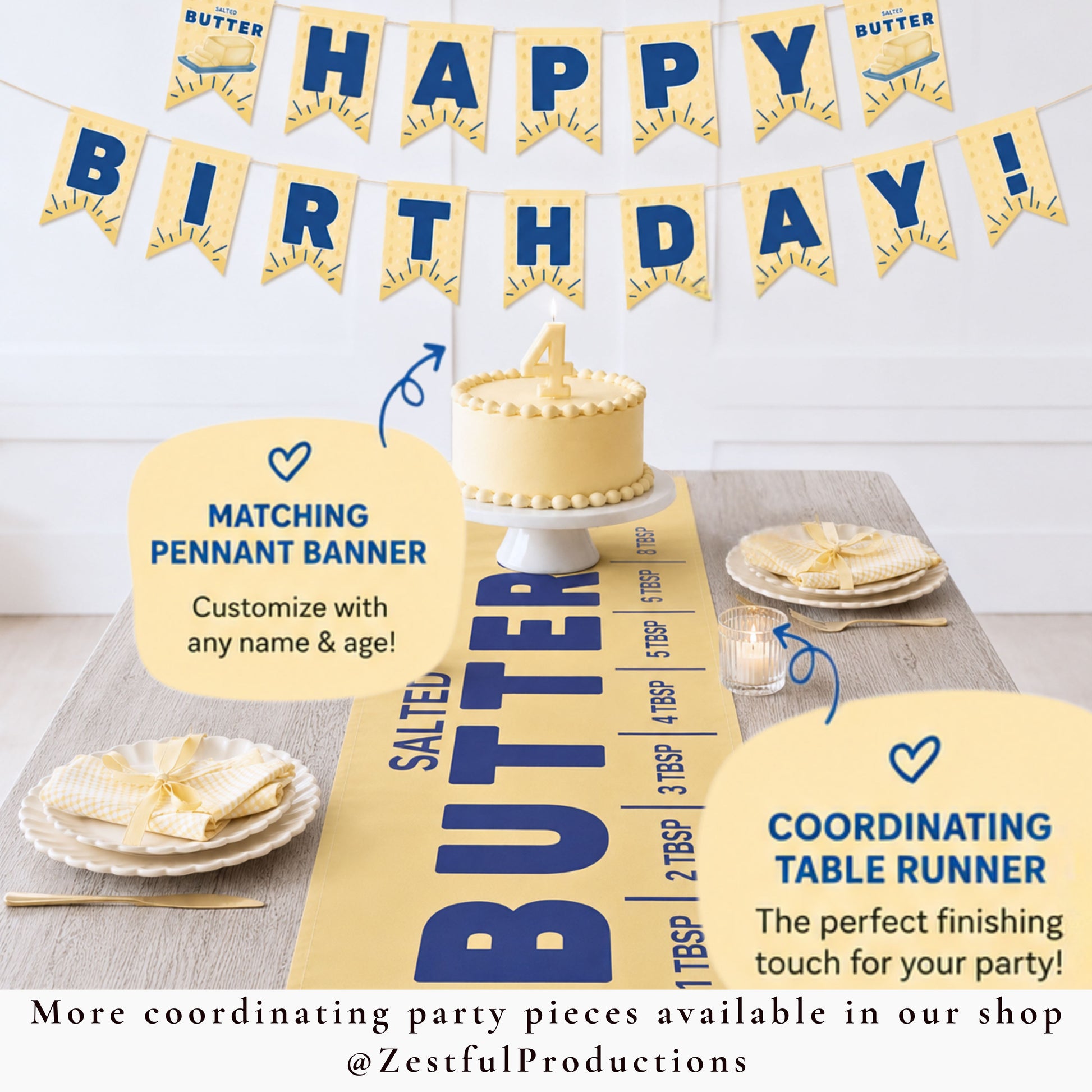 Matching butter birthday party decor featuring coordinating pennant banner and butter table runner with retro foodie aesthetic. Boutique toddler birthday accessories styled for cake smash photos and playful party themes.