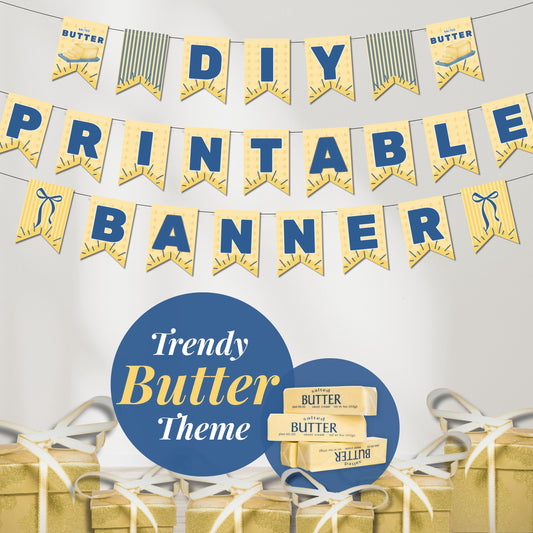 Butter printable banner displayed with DIY party setup and yellow blue theme. Alphabet banner kit for birthdays, celebrations, and themed events.