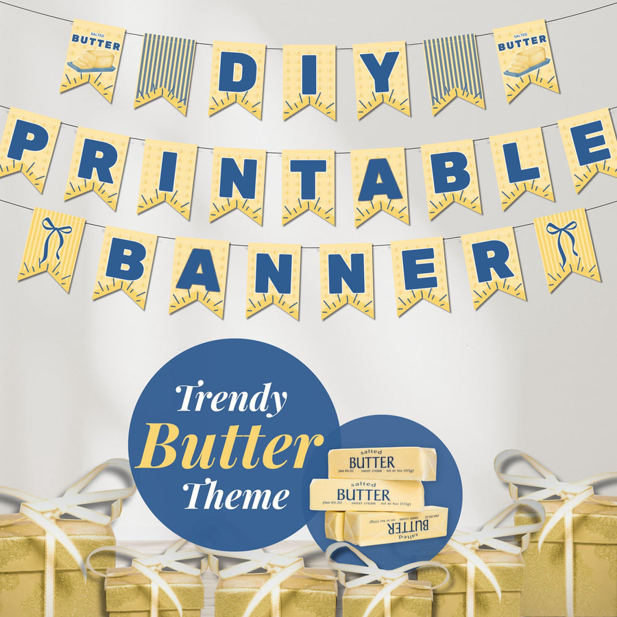Butter printable banner displayed with DIY party setup and yellow blue theme. Alphabet banner kit for birthdays, celebrations, and themed events.