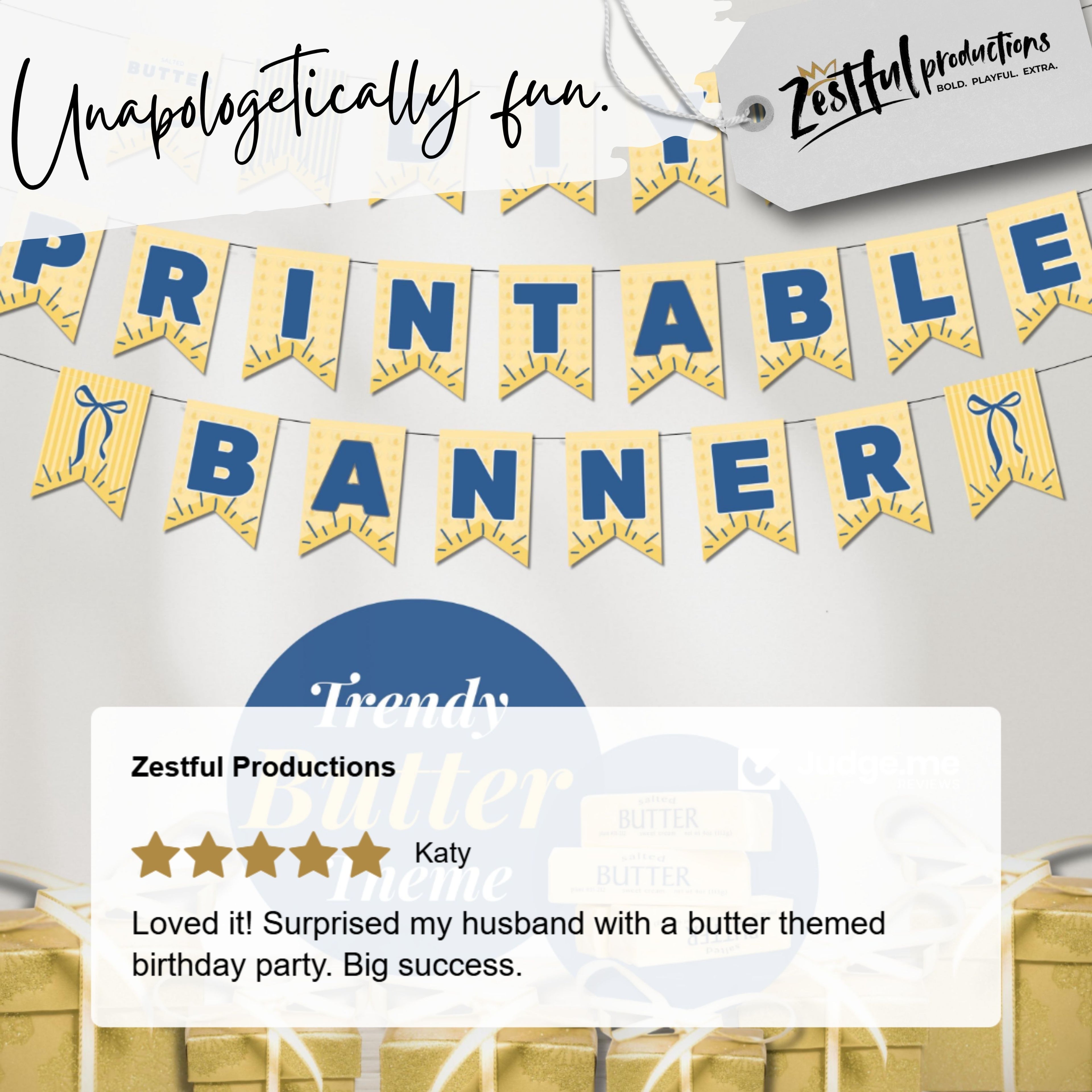 Butter printable banner product review showing design and usage for parties and decorations. Instant download digital decor kit.