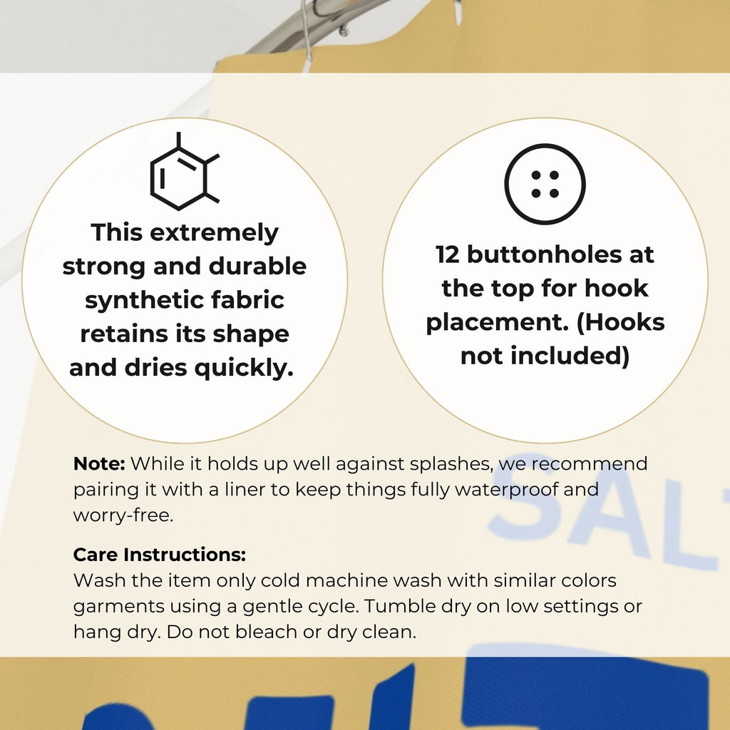 Butter shower curtain product details including size, material, and design features. Durable polyester fabric with reinforced buttonholes and bold butter label print. Functional and decorative bathroom accessory with novelty aesthetic.