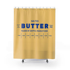 Full view of butter themed shower curtain with salted butter label aesthetic in yellow and blue. Fun and playful bathroom decor that adds humor and personality. Ideal for modern bathrooms, guest spaces, or unique home design lovers.