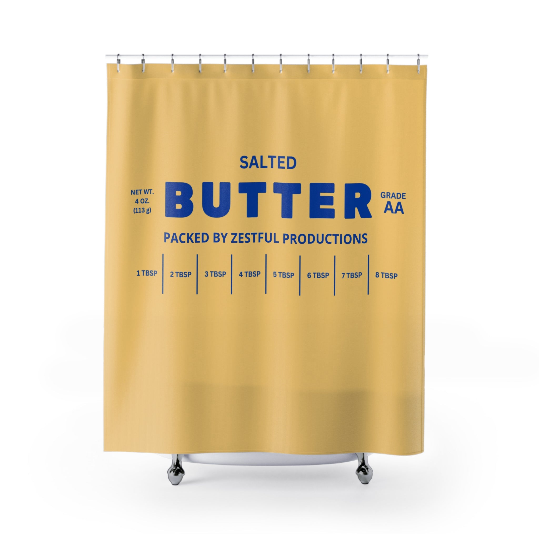 Full view of butter themed shower curtain with salted butter label aesthetic in yellow and blue. Fun and playful bathroom decor that adds humor and personality. Ideal for modern bathrooms, guest spaces, or unique home design lovers.