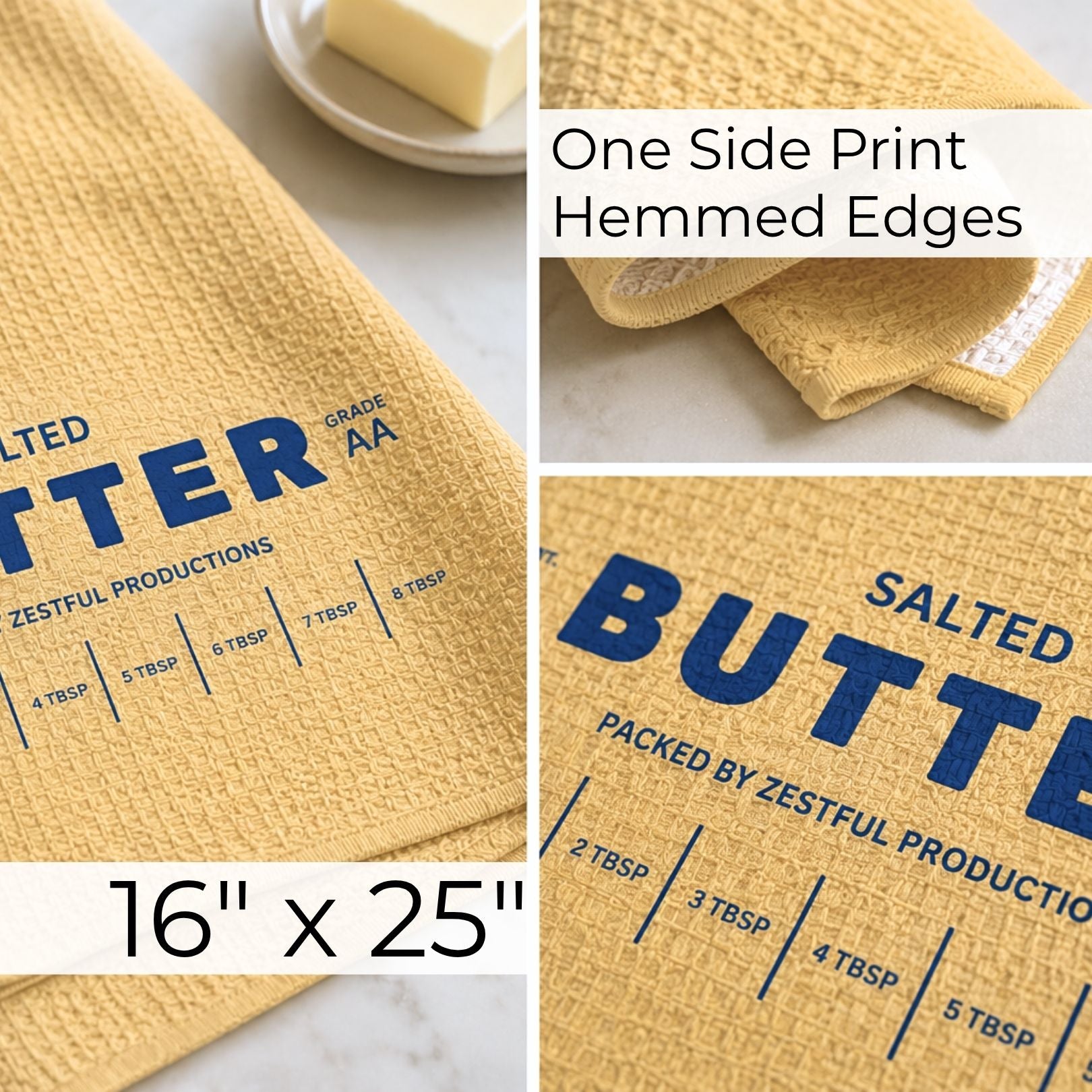 Yellow microfiber butter kitchen towel showing soft waffle texture, neatly hemmed edges and 16 x 25 inch sizing graphic. Novelty salted butter dish cloth with blue typography designed for bakers, chefs and quirky culinary kitchen decor lovers.