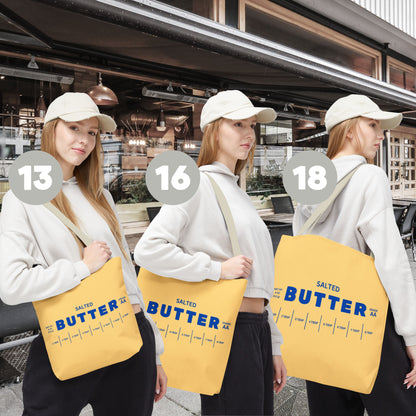 Butter tote bag features graphic showing durability, reusable design, and customization options. Functional and stylish everyday carry bag.