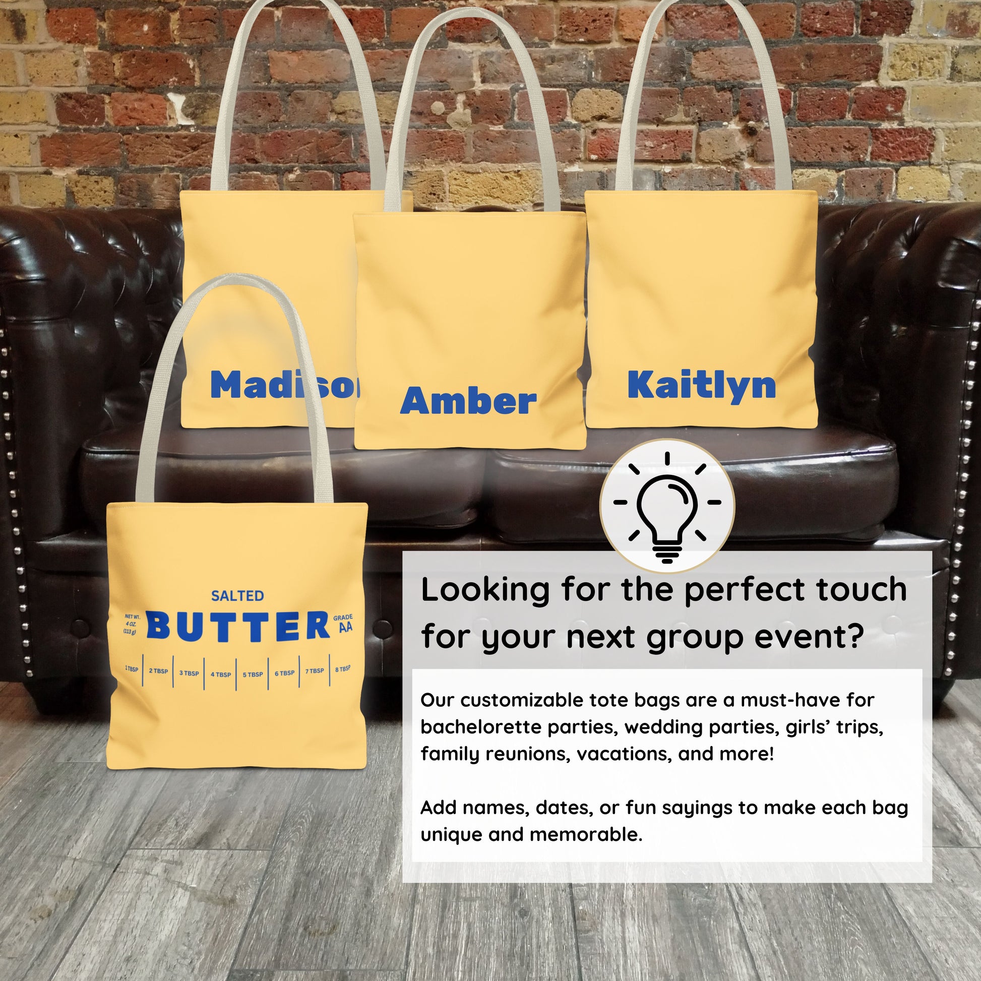Multiple butter tote bags shown together highlighting personalization options. Custom name tote bags ideal for gifts, group orders, and matching sets.