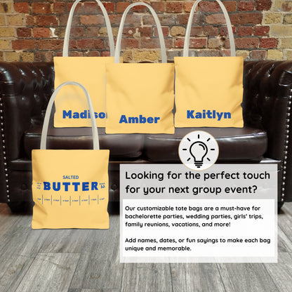 Multiple butter tote bags shown together highlighting personalization options. Custom name tote bags ideal for gifts, group orders, and matching sets.