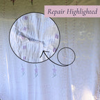 Overview image identifying the location of the small repair on the vintage white chenille bedspread. Included for complete buyer transparency while showcasing the overall beauty, lavender floral design, raised chenille texture, and excellent vintage presentation.