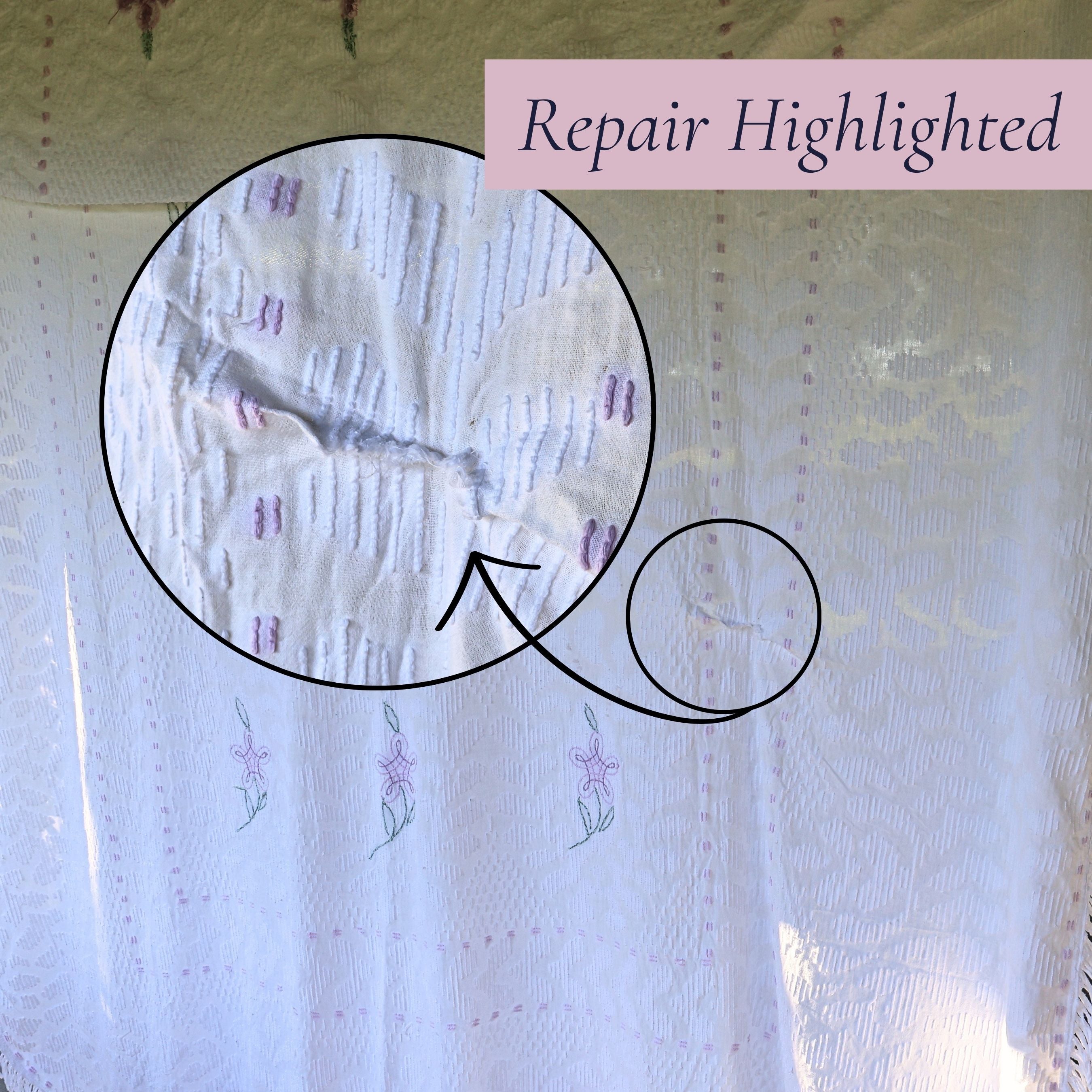 Overview image identifying the location of the small repair on the vintage white chenille bedspread. Included for complete buyer transparency while showcasing the overall beauty, lavender floral design, raised chenille texture, and excellent vintage presentation.