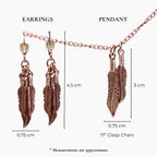 Detailed view of copper tone chain and feather pendant necklace with matching dangle earrings, western boho jewelry set featuring nature inspired feather charms, lightweight statement accessories for women, gift for her ideal for layering with festival outfits and rustic western fashion