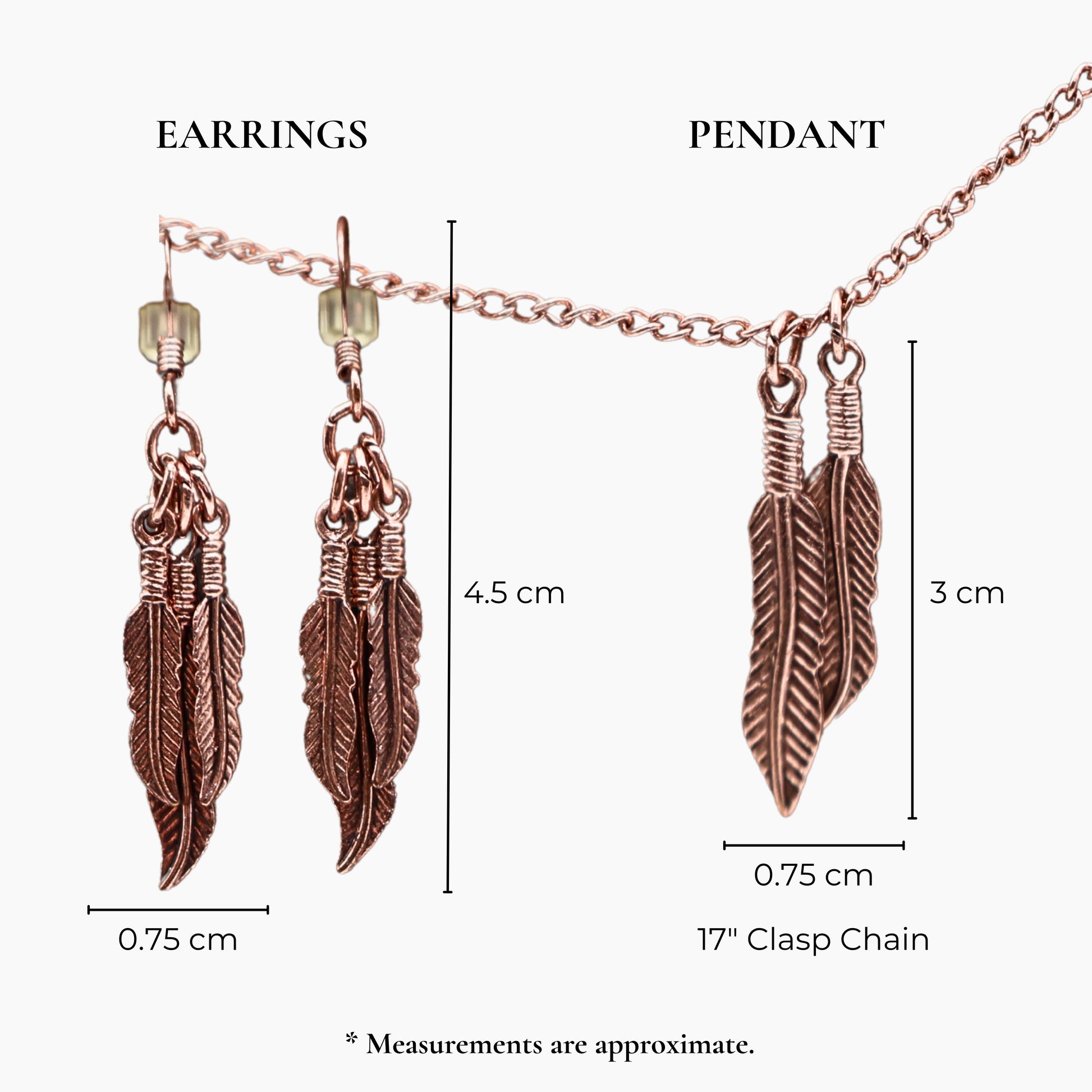 Detailed view of copper tone chain and feather pendant necklace with matching dangle earrings, western boho jewelry set featuring nature inspired feather charms, lightweight statement accessories for women, gift for her ideal for layering with festival outfits and rustic western fashion