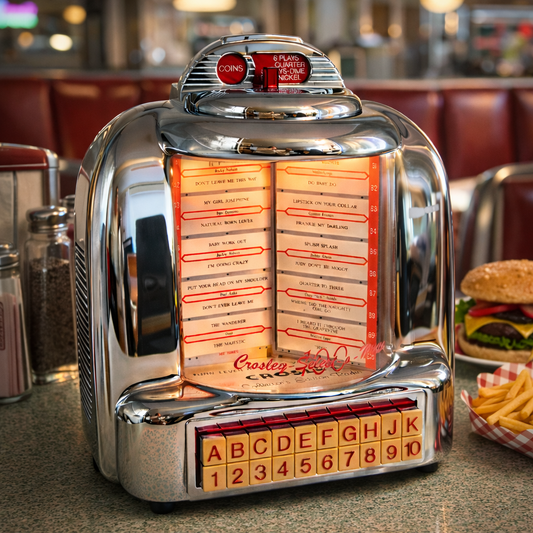 Crosley CR-9 jukebox radio styled in a retro 1950s diner setting with burger and fries, nostalgic chrome music player used as vintage kitchen decor, classic Americana aesthetic
